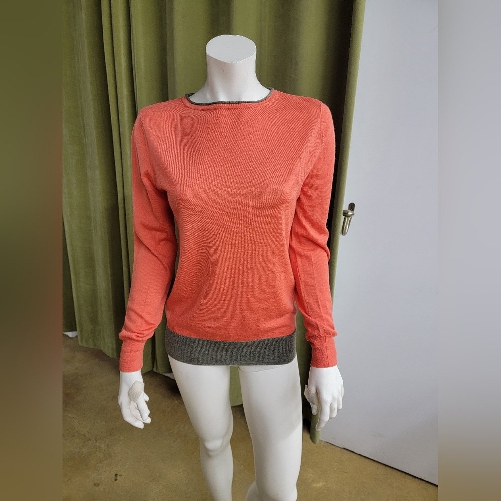 Dries Van Noten Coral Long-Sleeve Crewneck Sweater with Gray Trim